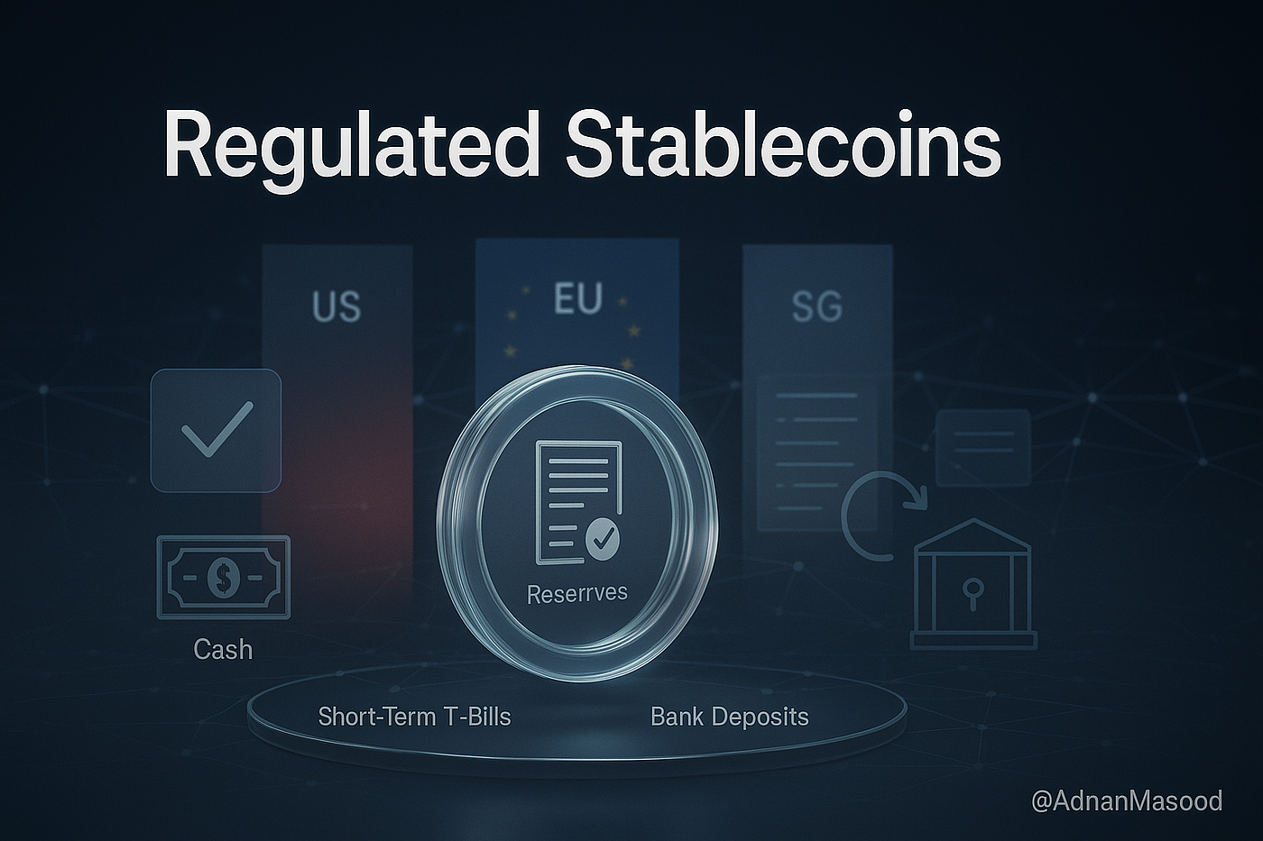 Abstract digital art of a locked cryptocurrency wallet unlocking stablecoin access through glowing zero-knowledge proof ZK circuits for privacy-preserving DeFi KYC