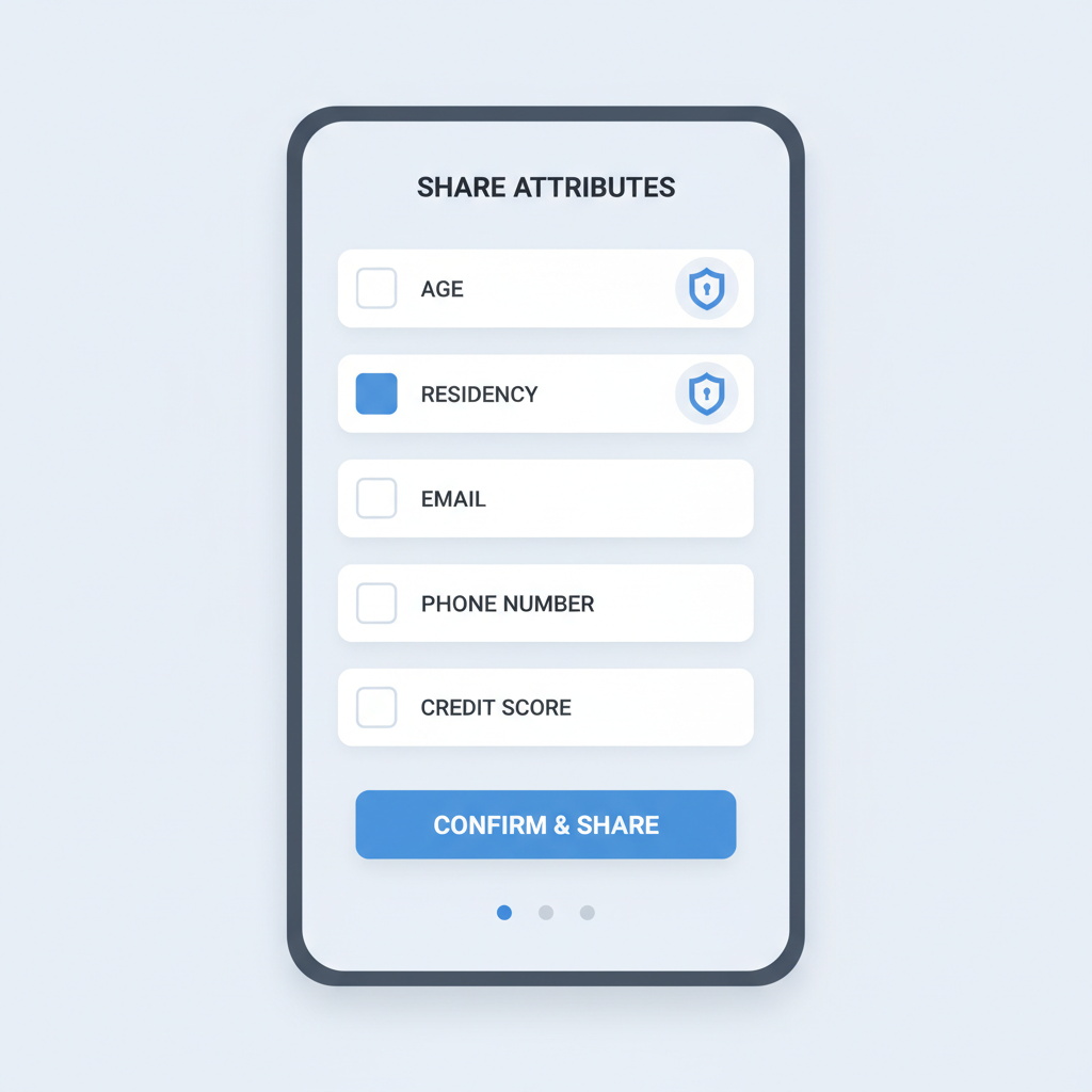 wallet UI with attribute checkboxes selected like age and residency, privacy shield icons, minimalist design