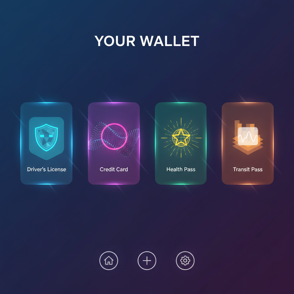 wallet app screen showing selectable credential cards, glowing holograms, dark mode UI