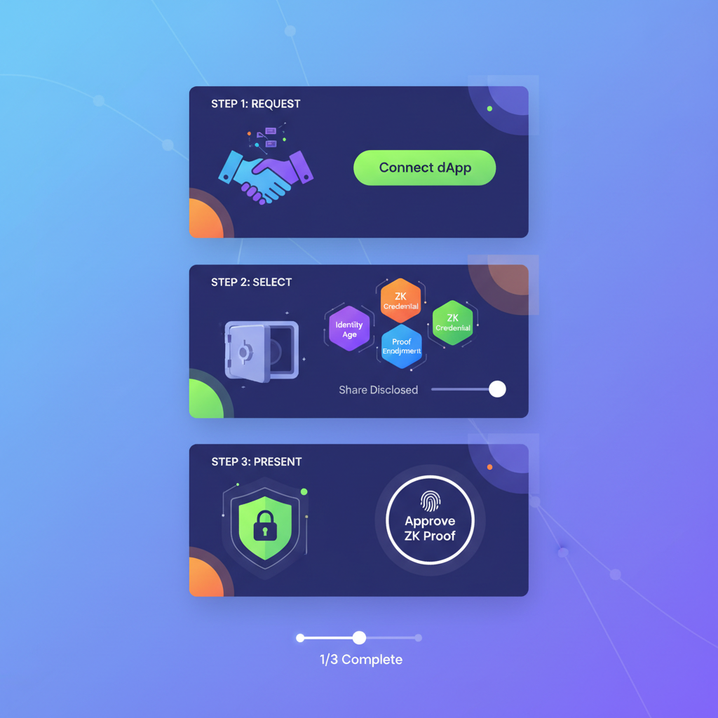 sleek mobile wallet app interface for ZK credentials, futuristic UI, web3 theme
