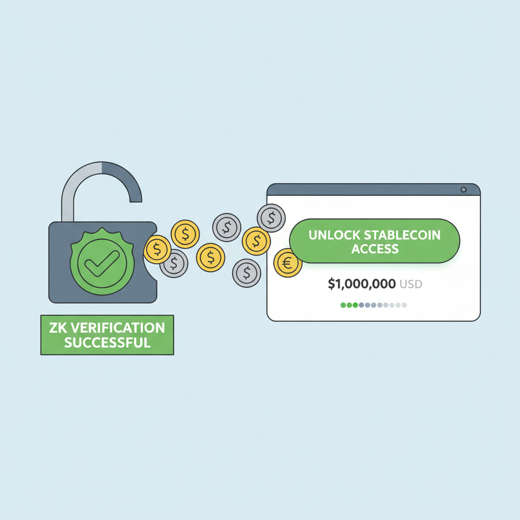 successful ZK verification unlocking stablecoin interface, green checkmark, coins flowing