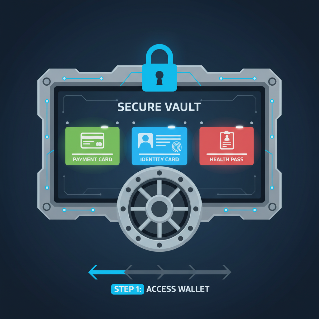digital wallet interface storing glowing credential cards, vault-like security enclosure