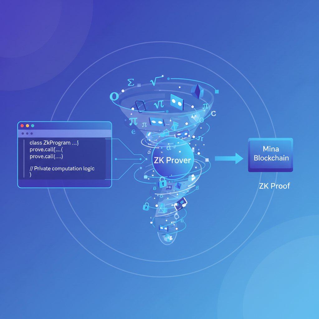 code snippet generating ZK proof in Mina Protocol, mathematical proofs swirling, privacy computation visualization, tech blue hues