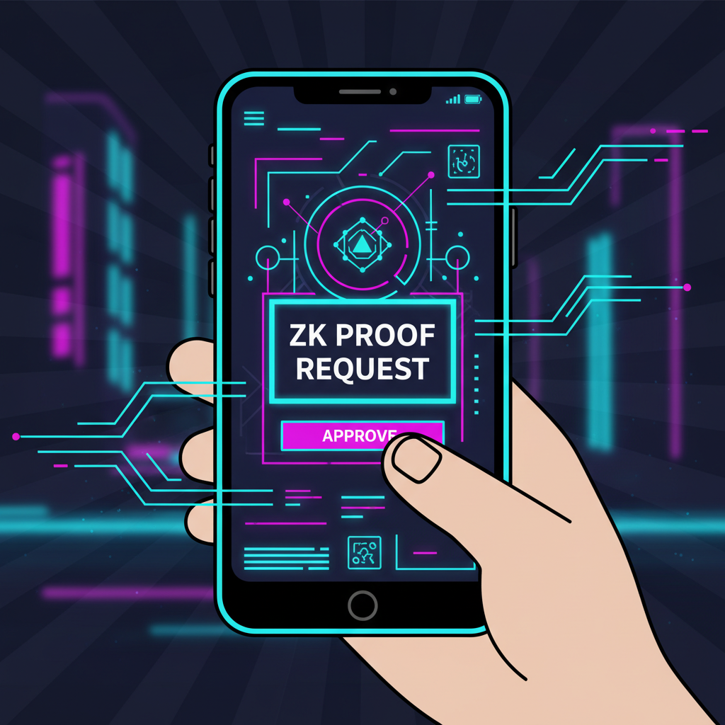 user interacting with futuristic web3 dapp on phone, neon glow, zk proof request popping up, cyberpunk style
