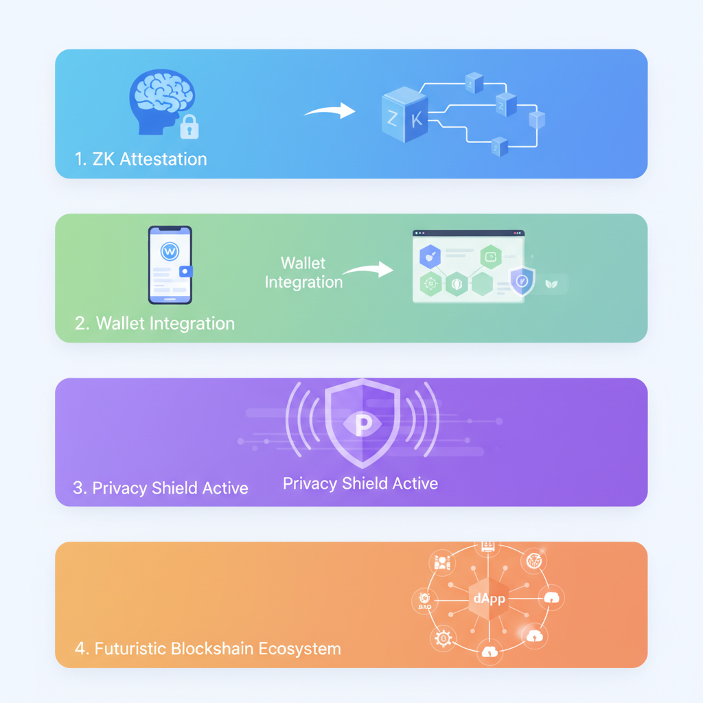 ZK attestation used in decentralized app, wallet integration dashboard, privacy shield active, futuristic blockchain ecosystem