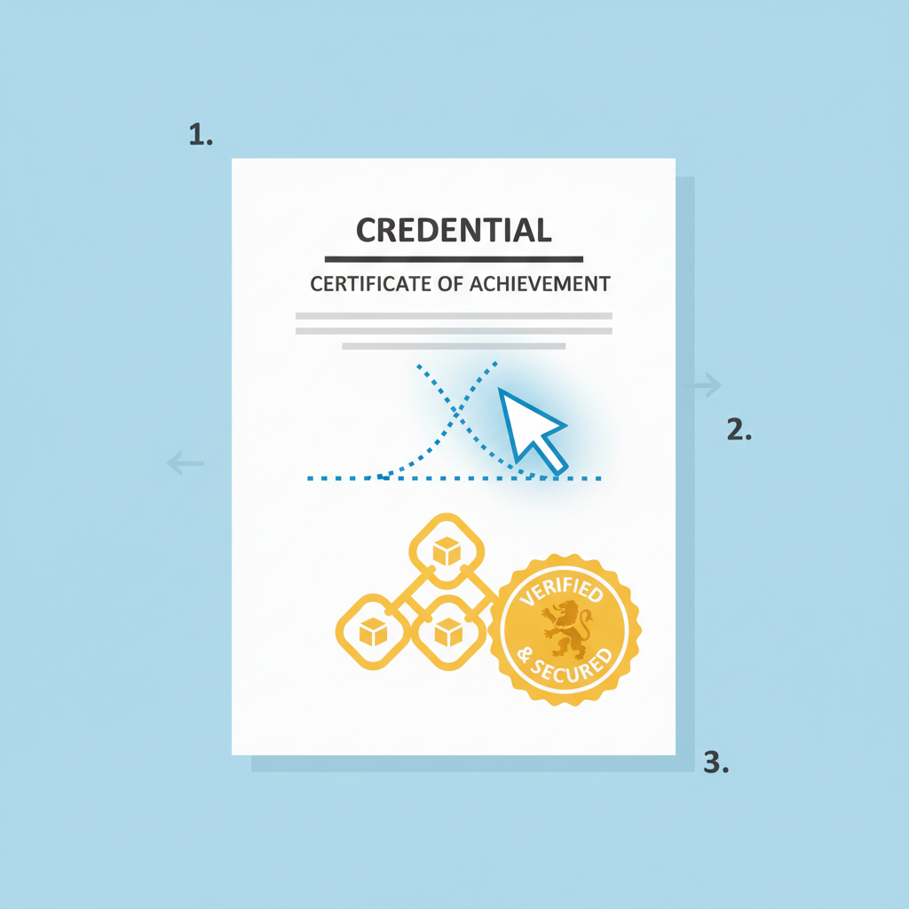 Digital signature being applied to credential document, blockchain links, golden seal stamp