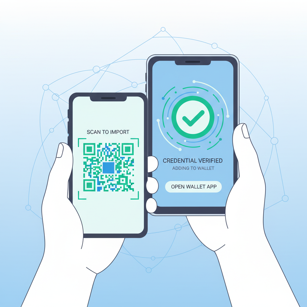 user scanning QR code to import digital credential into wallet app, secure verification screen