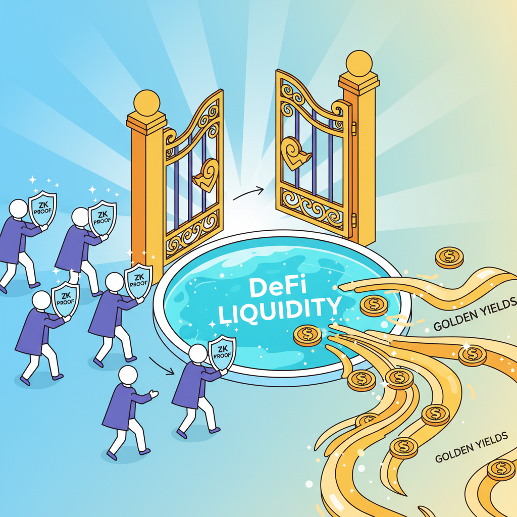 gates opening to DeFi liquidity pool, users entering with zk proofs, golden yields flowing, optimistic vibrant