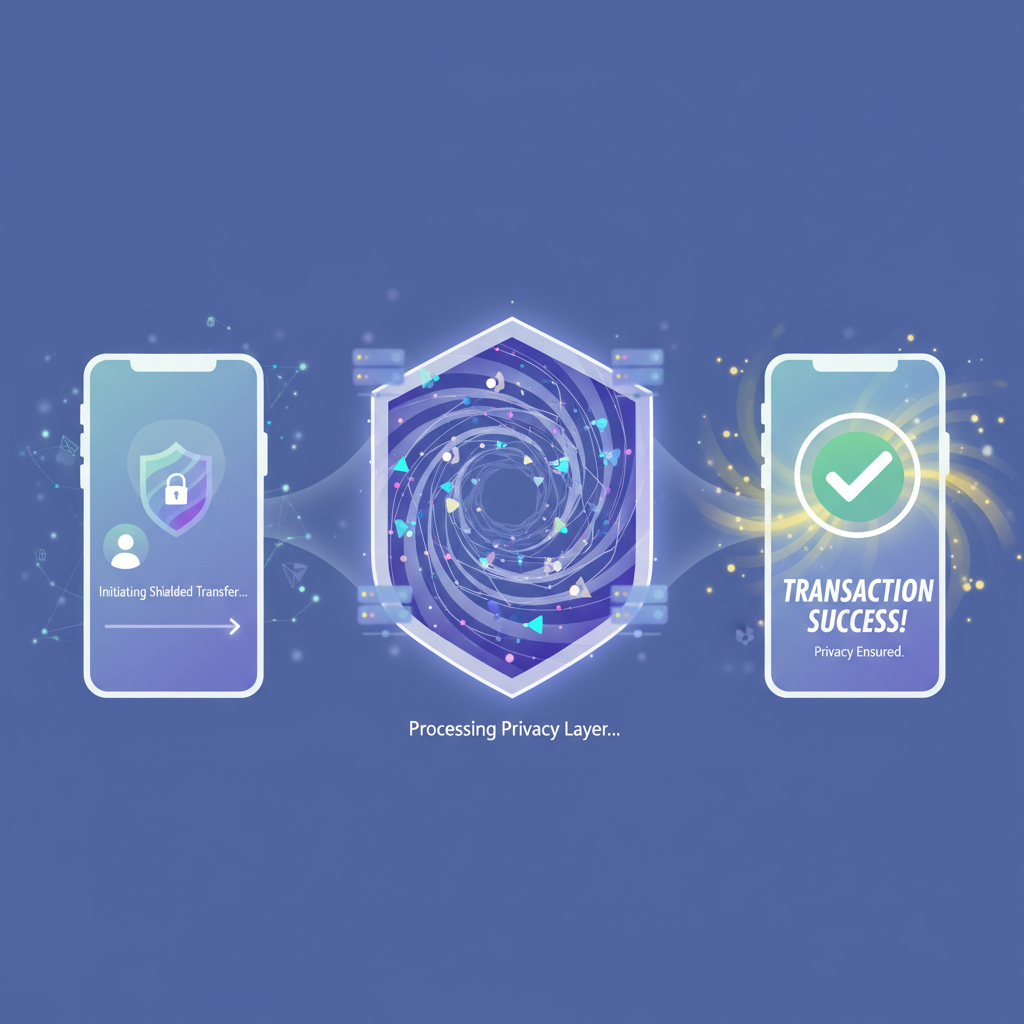 user completing private DeFi transaction in wallet, shielded transaction flow, success animation, ethereal glow