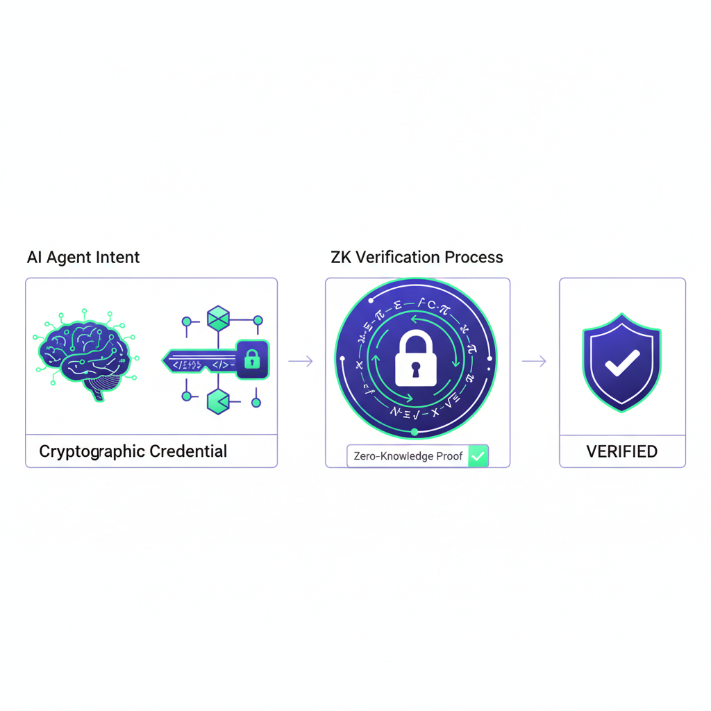 AI agent intent captured in cryptographic credential, ZK verification process