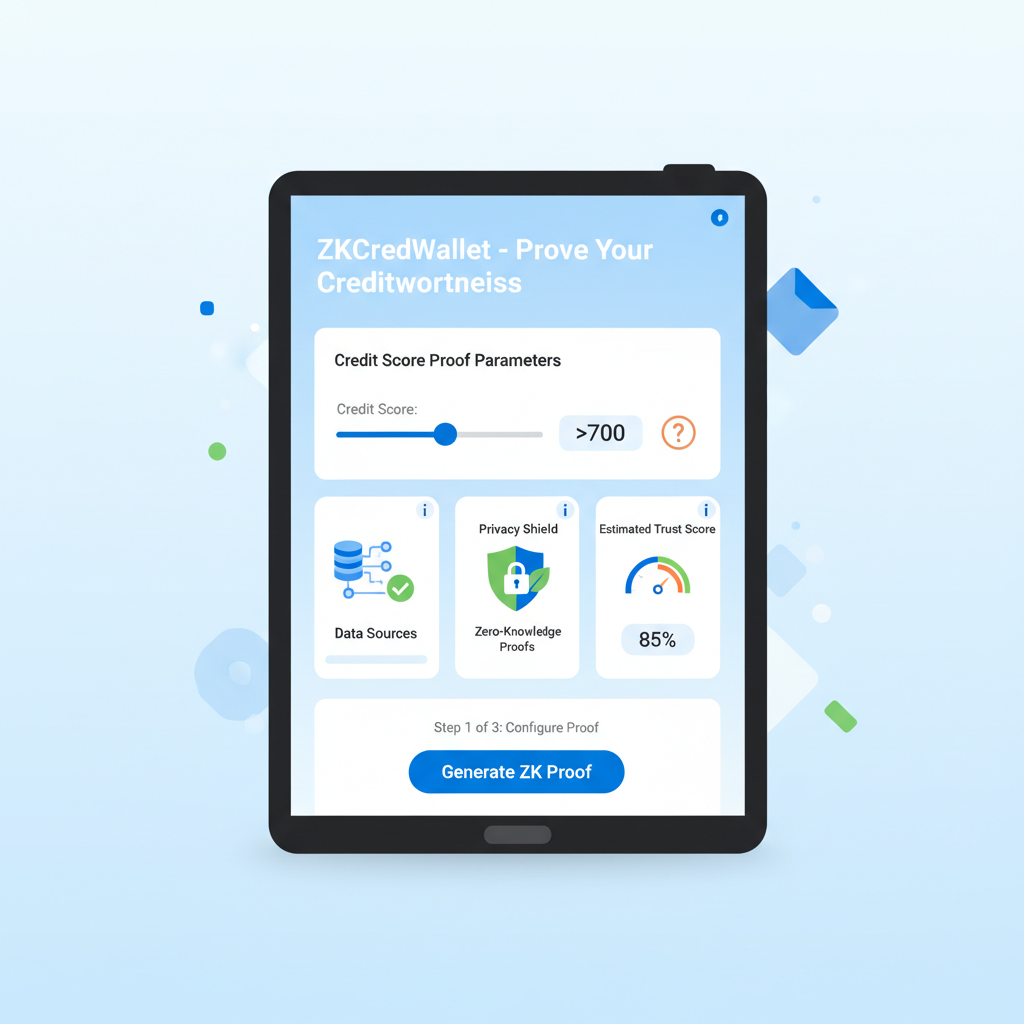 ZKCredWallet UI selecting credit score proof parameters slider >700, intuitive dashboard, educational icons