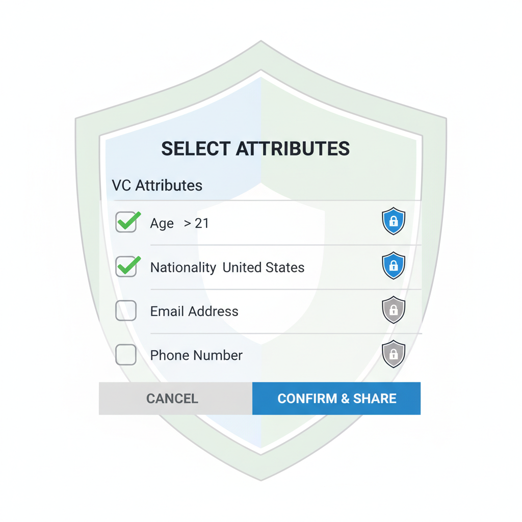 UI selecting attributes like age >21 from VC list, checkboxes, privacy shield icons