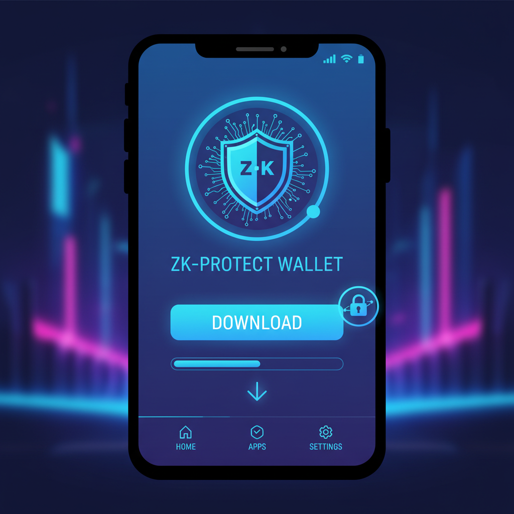 smartphone downloading futuristic ZK wallet app from official store, glowing privacy shield icon, cyberpunk neon blues, clean UI screenshot