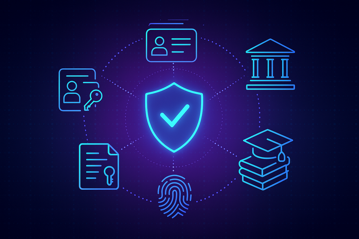 Illustration of a secure digital ZK credentials wallet holding private healthcare badges and attestations protected by zero-knowledge proof locks for privacy-preserving storage