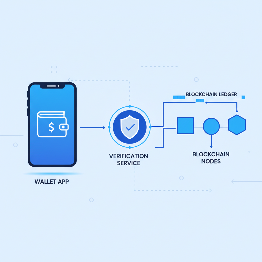 wallet app connecting to verification service, blockchain nodes linking