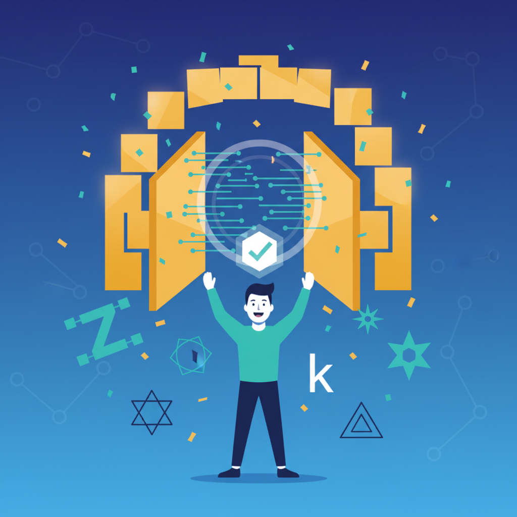 golden gates unlocking on blockchain, user celebrating with access badge, confetti and zk symbols, triumphant energetic illustration