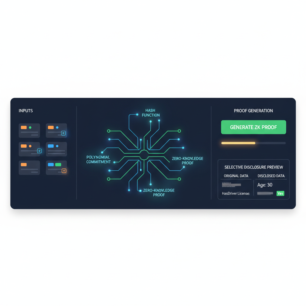 zk proof generation interface in wallet, math circuits glowing, selective disclosure visualization --ar 16:9