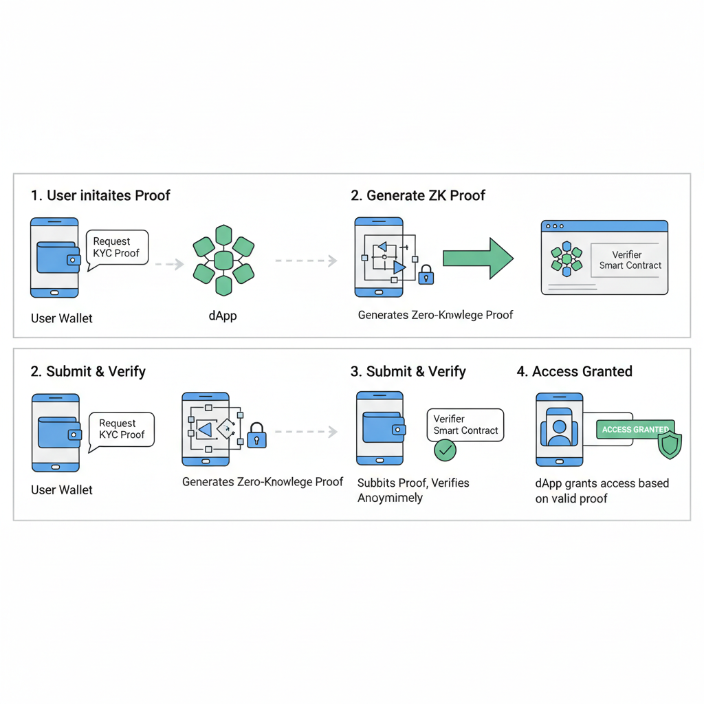 wallet proving KYC to dApp interface, zero-knowledge proof flow diagram