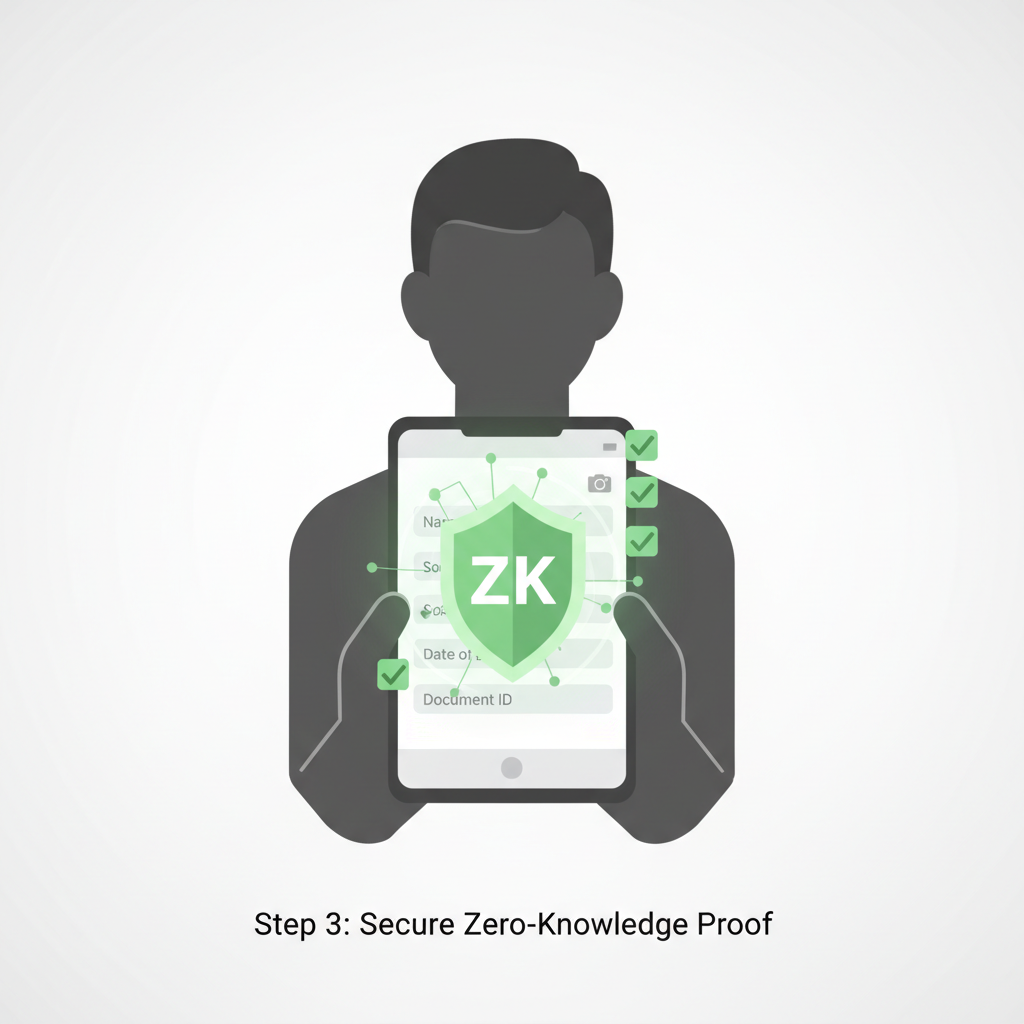 user completing secure ID verification form, ZK proof shield overlay, anonymous silhouette, green checkmarks