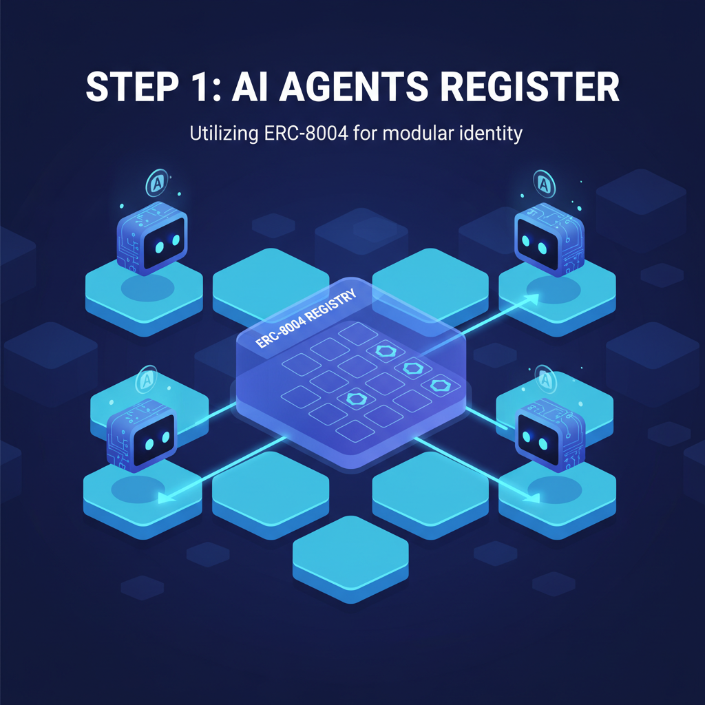 Ethereum blockchain with AI agents registering in ERC-8004 registries, futuristic digital interface